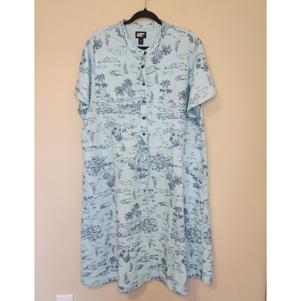 Lands End Womens Oeko-Tex Shirtdress Light Blue Tropical Print XL (18)